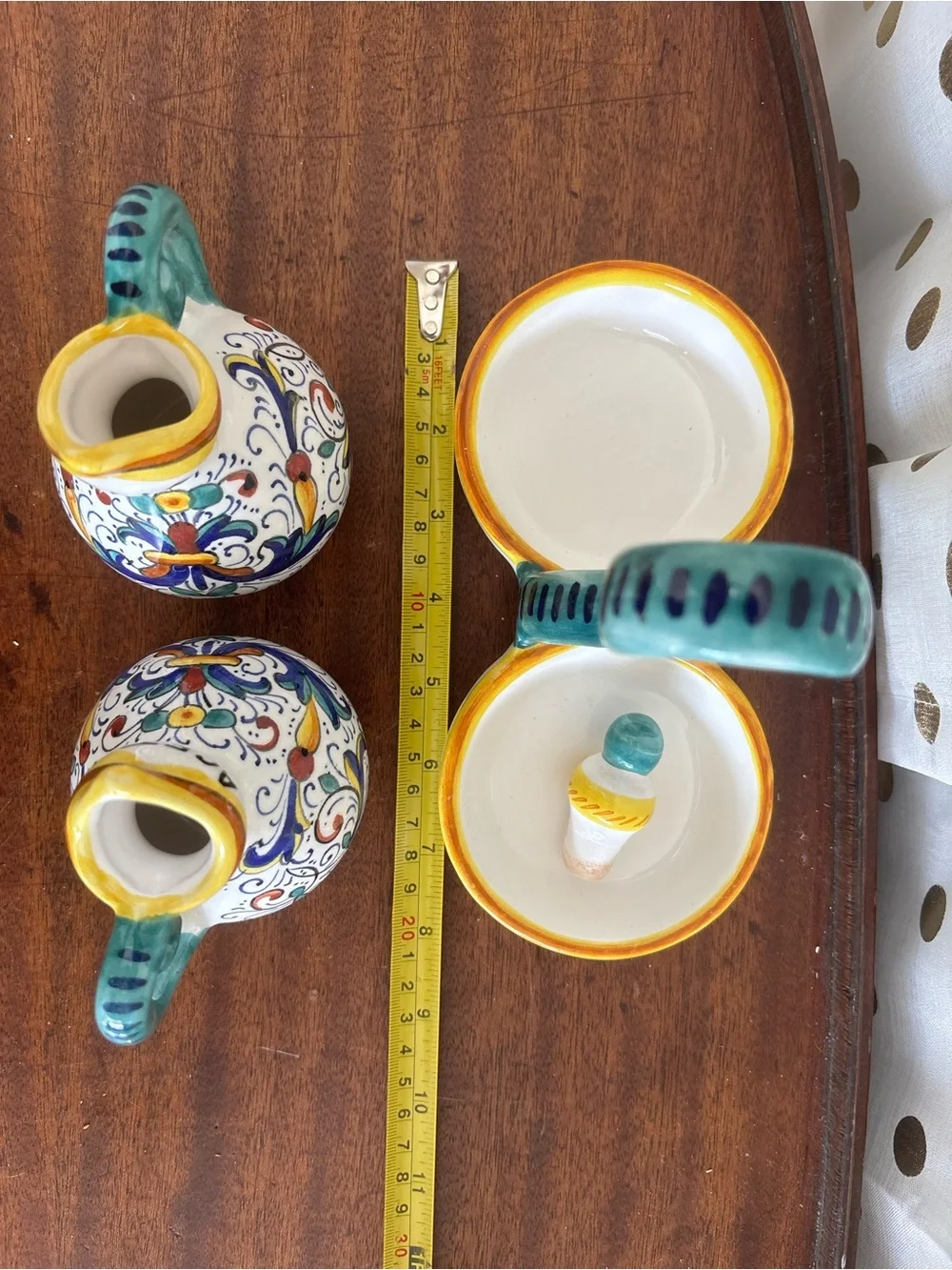 Ricco Deruta Italian Oil and Vinegar Cruet Set W Caddy Hand Painted Mediteranean